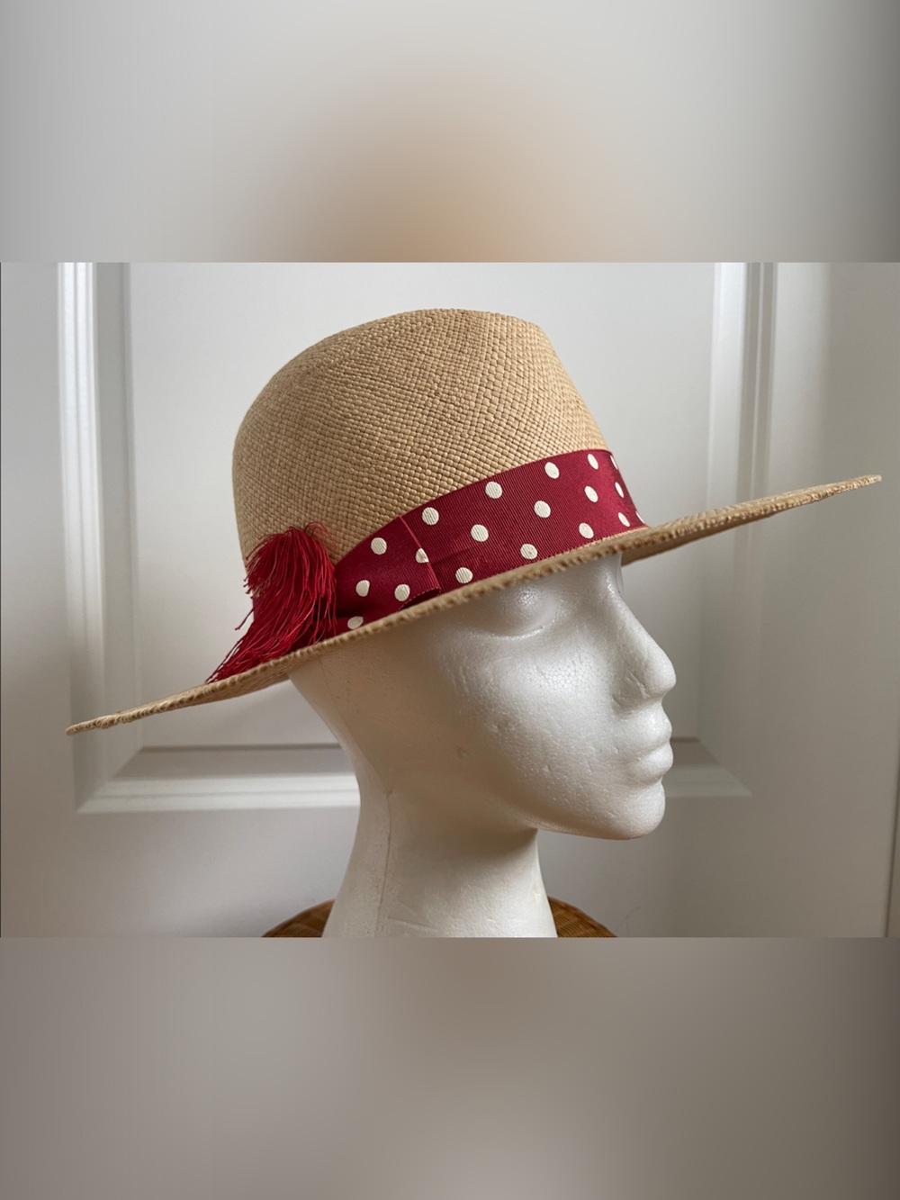 Betmar New York Natural Straw Cloche with Red Polka Dot Band